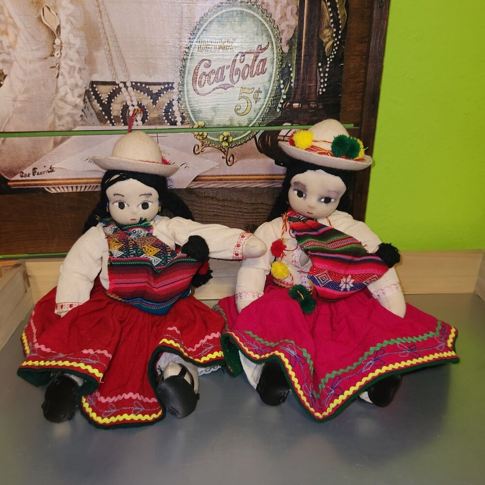 Vintage Cholita Dolls from Bolivia Handmade Cloth Traditional Outfits & Hats